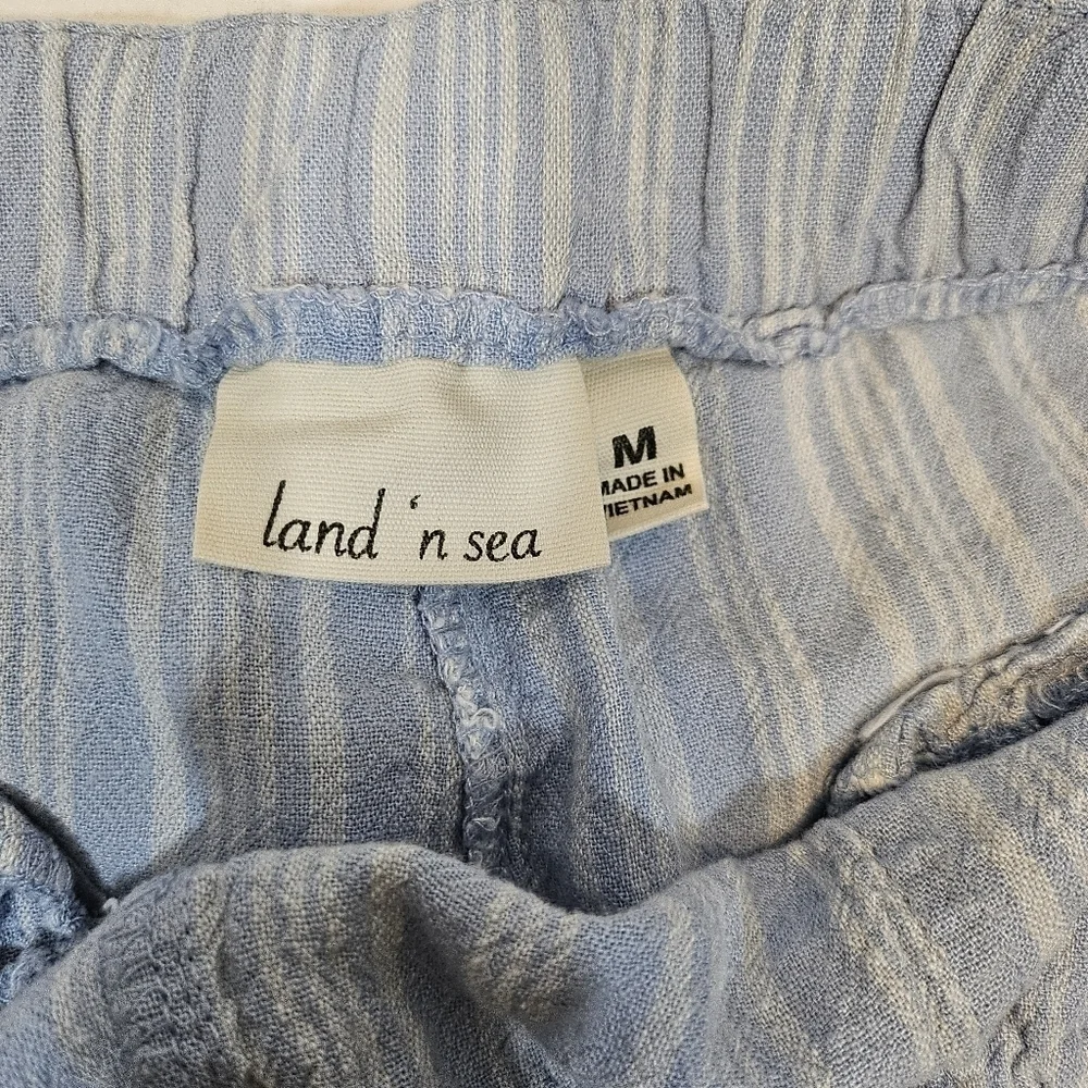 Land N Sea Stripped 55% Linen 45% Rayon Blue & White Shorts Size M